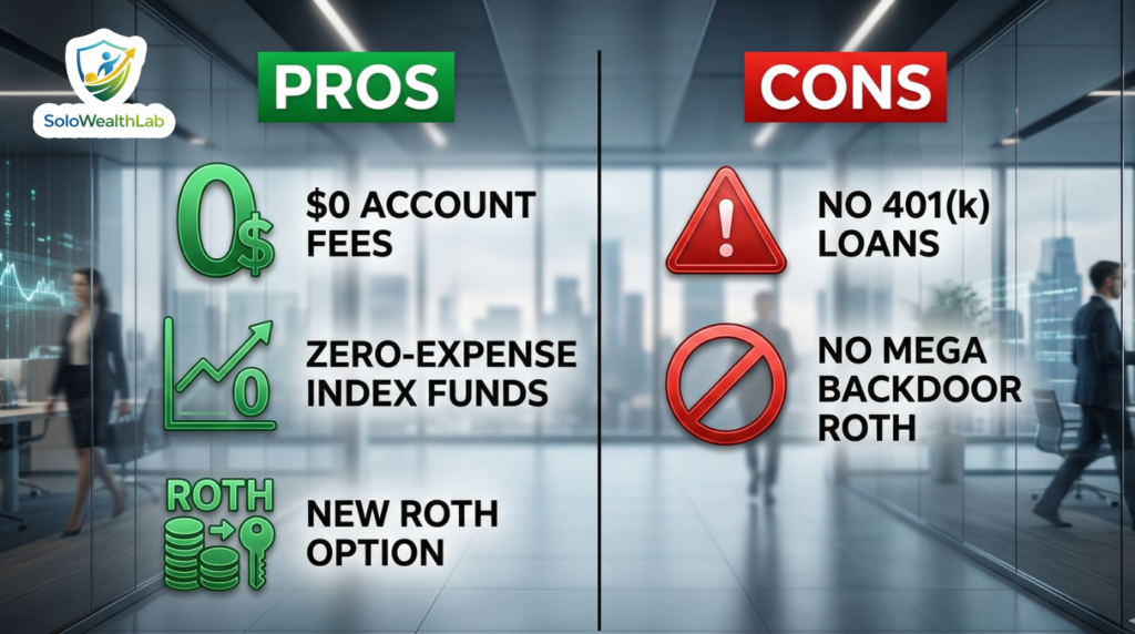 Pros and cons of opening a Fidelity self-employed Solo 401k account in 2026.