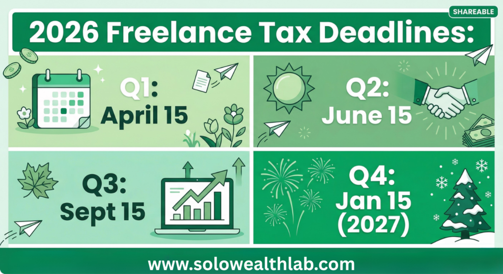 Cheat sheet showing the four 2026 IRS quarterly estimated tax deadlines for 1099 workers.