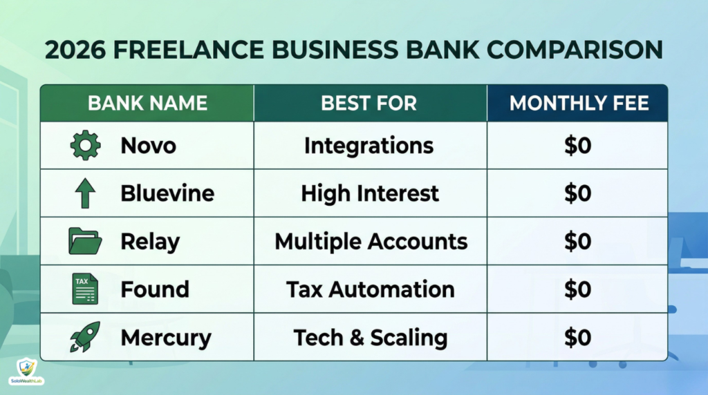 Comparison table of Novo, Bluevine, Relay, Found, and Mercury business bank accounts for freelancers.