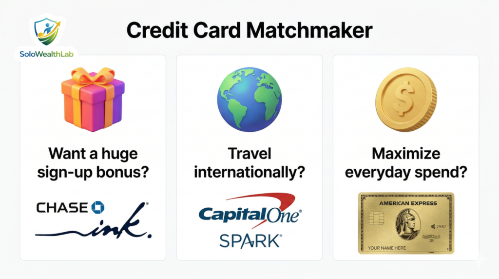 Infographic comparing the best business credit card features like sign up bonuses, foreign transaction fees, and 0% APR for freelancers.