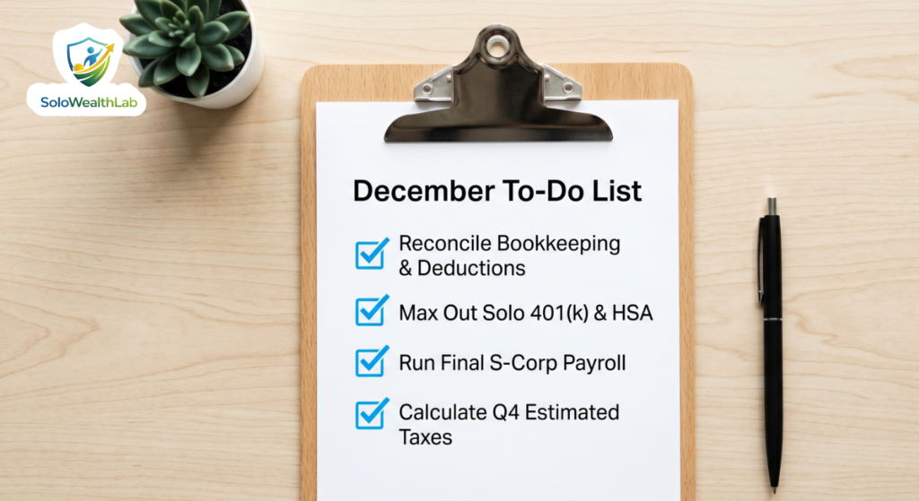 A visual 4-step checklist for freelance year-end financial tasks.