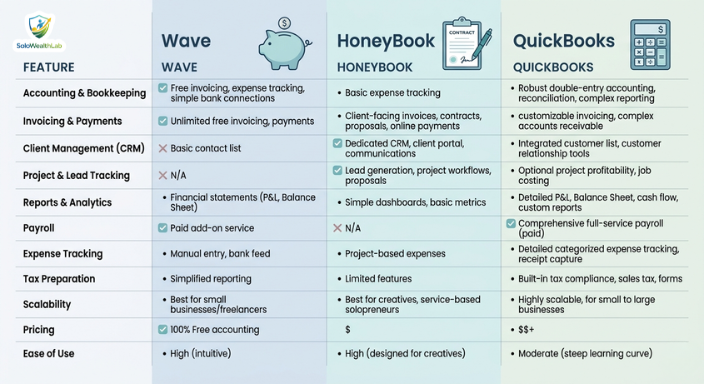 Decision tree comparing Wave, HoneyBook, and QuickBooks for freelance bookkeeping.