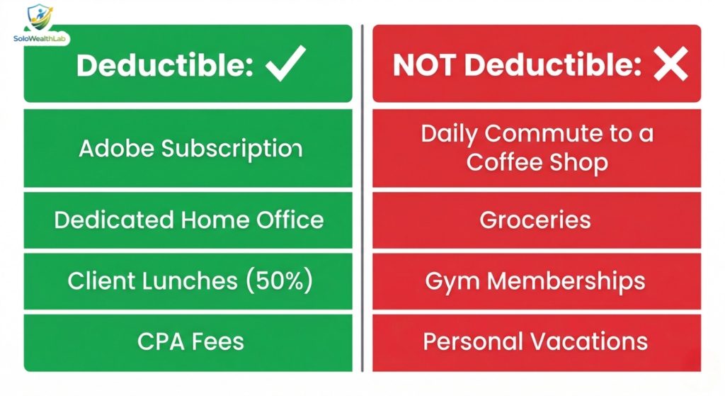 A visual cheat sheet showing what business expenses freelancers can and cannot deduct on their taxes.