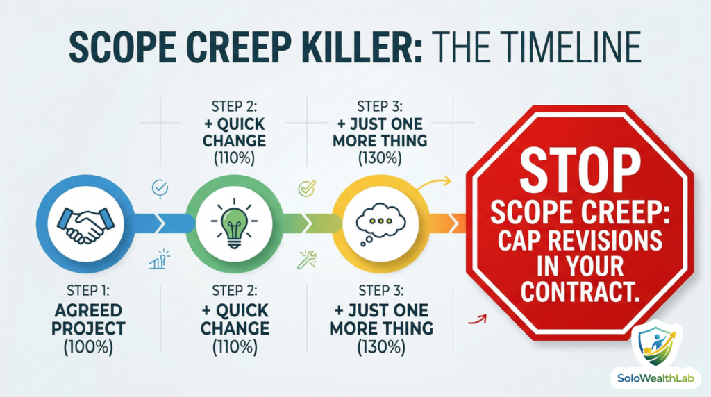 Infographic showing how client scope creep ruins freelance profits and why a revisions clause is necessary.