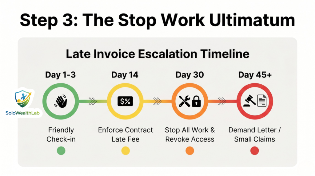 Timeline infographic showing the exact days to escalate a late freelance invoice from a friendly reminder to legal action.