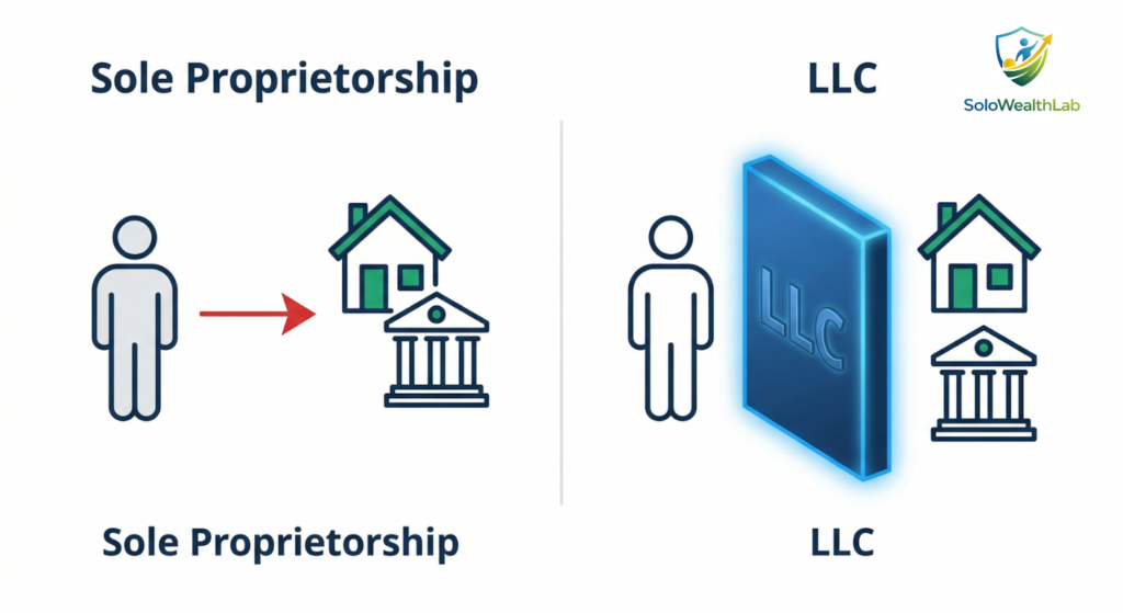 Diagram showing how an LLC creates a legal corporate shield protecting personal assets from business liabilities.