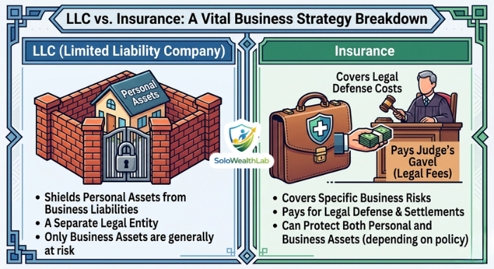 Diagram explaining that an LLC protects personal assets while business insurance pays for legal defense and settlements.