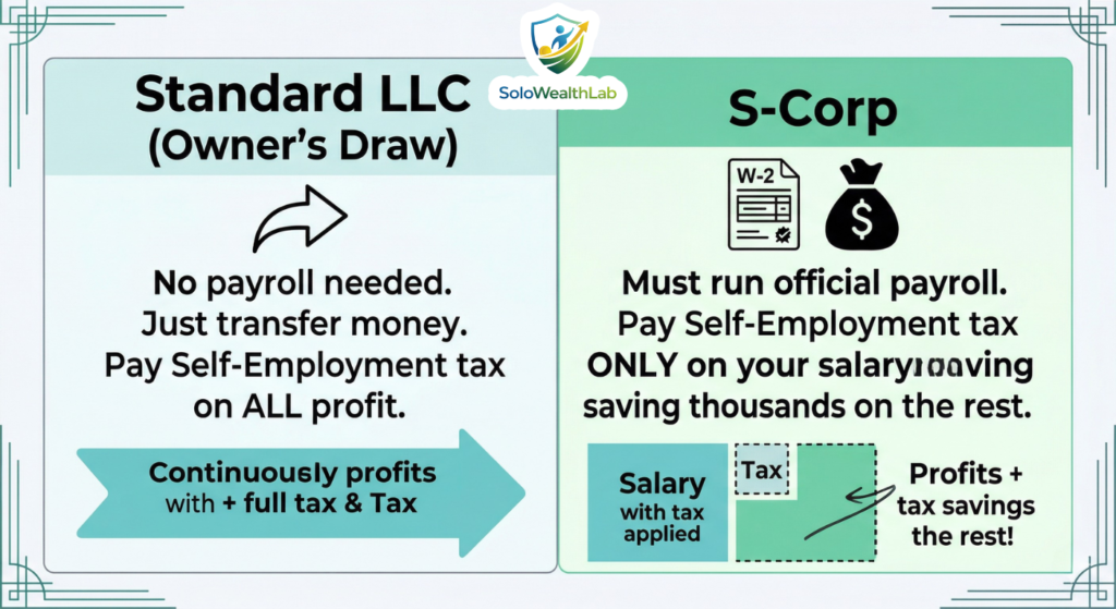 Infographic comparing an LLC owner's draw to an S-Corp salary and distribution.