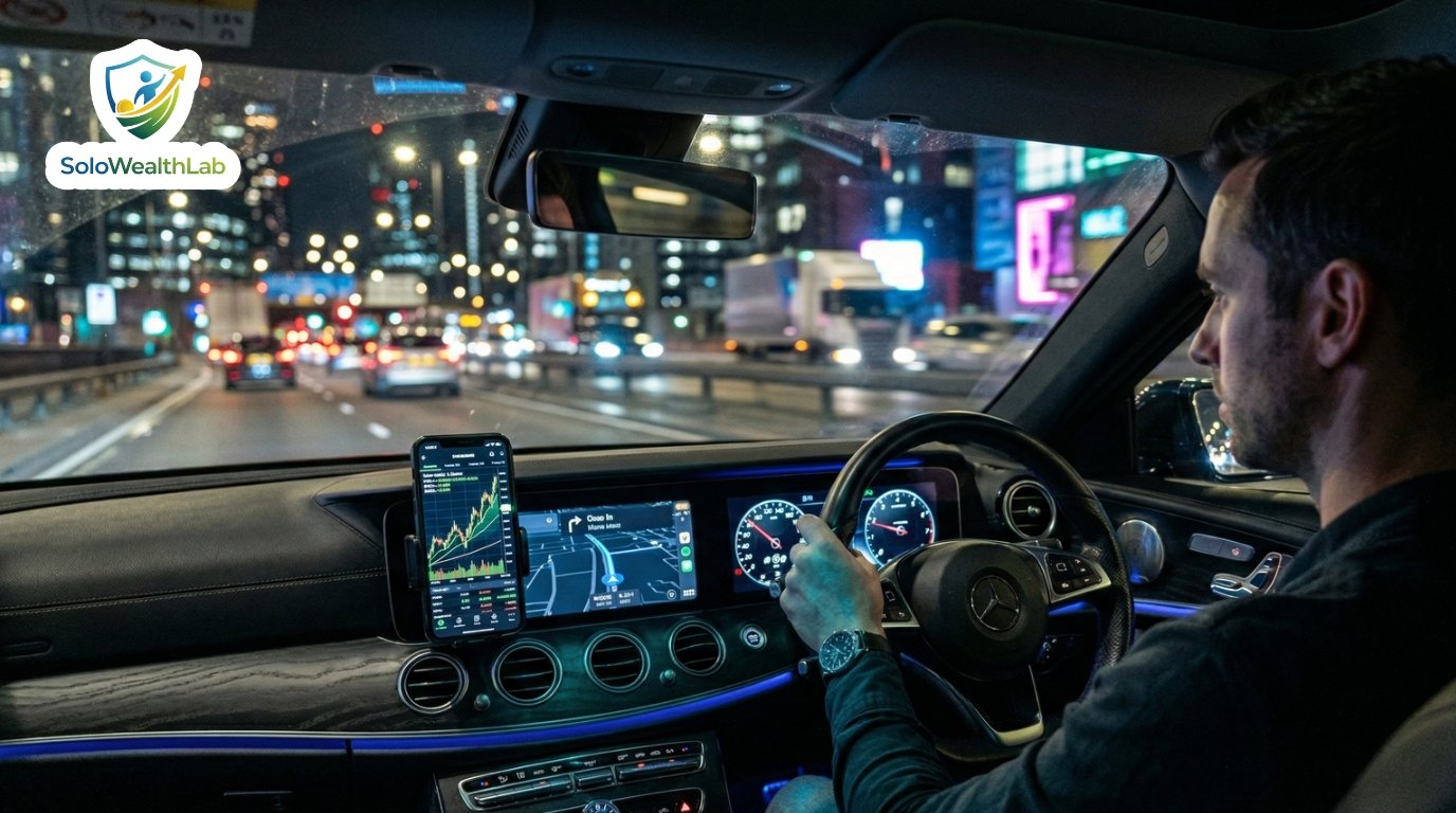 An Uber driver looking at retirement savings and financial growth charts on a smartphone