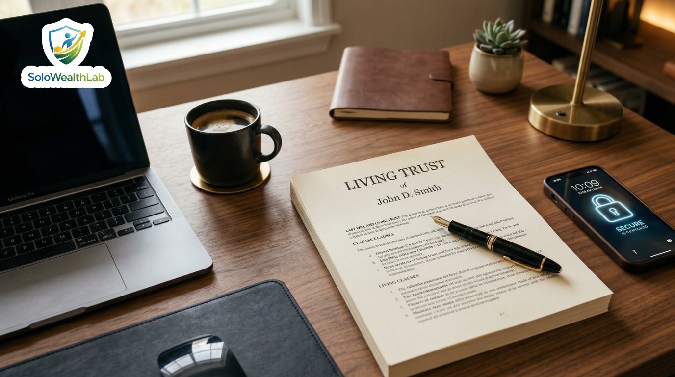 A freelancer's desk showing a Living Trust document and digital asset protection.