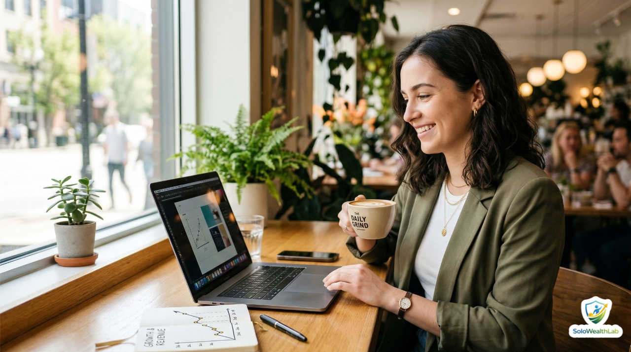 Young gig worker confidently planning their retirement and freelance finances on a laptop.