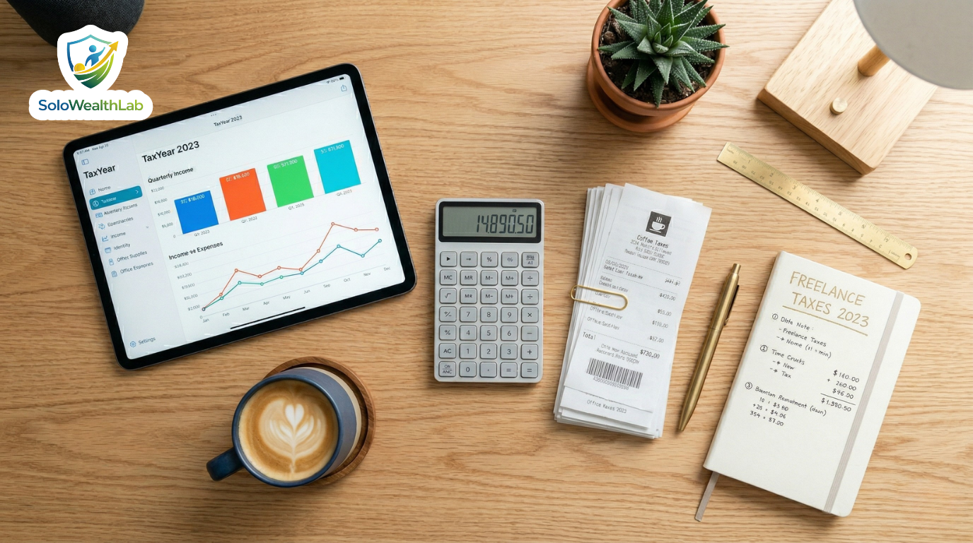 Calculator and receipts representing the ultimate list of 1099 tax deductions for freelancers.