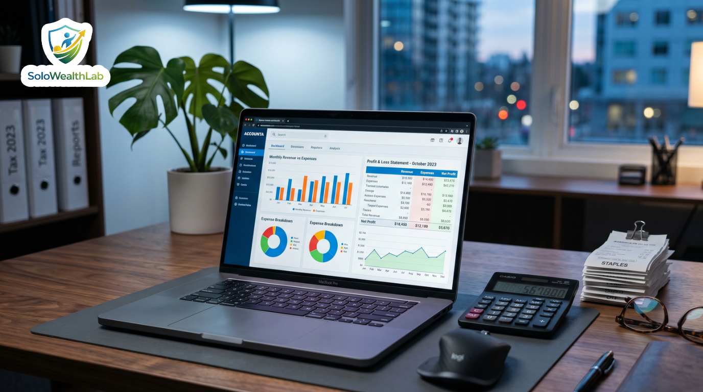A laptop displaying a financial dashboard representing the comparison of Wave vs QuickBooks vs Xero for freelance accounting.