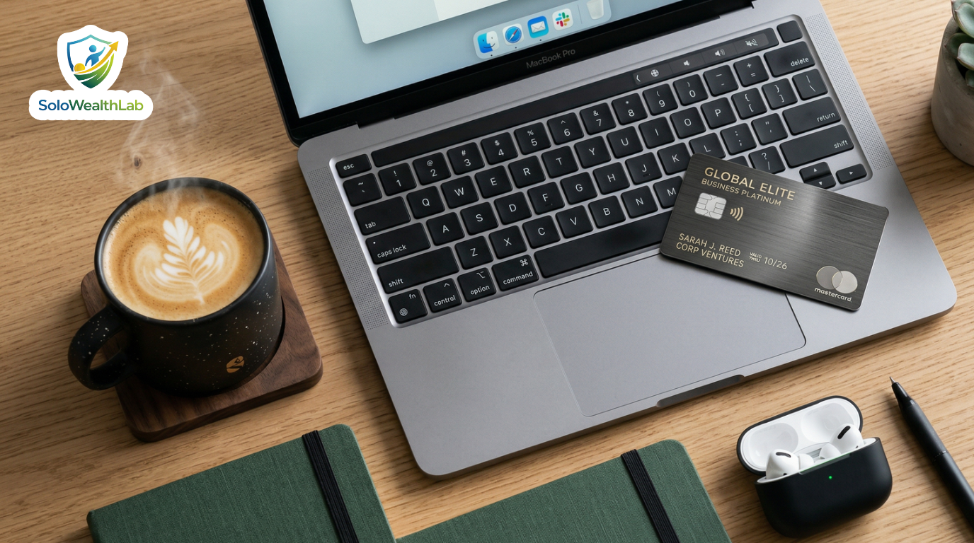 Sleek metallic business credit card resting on a laptop representing zero fee credit cards for freelancers.