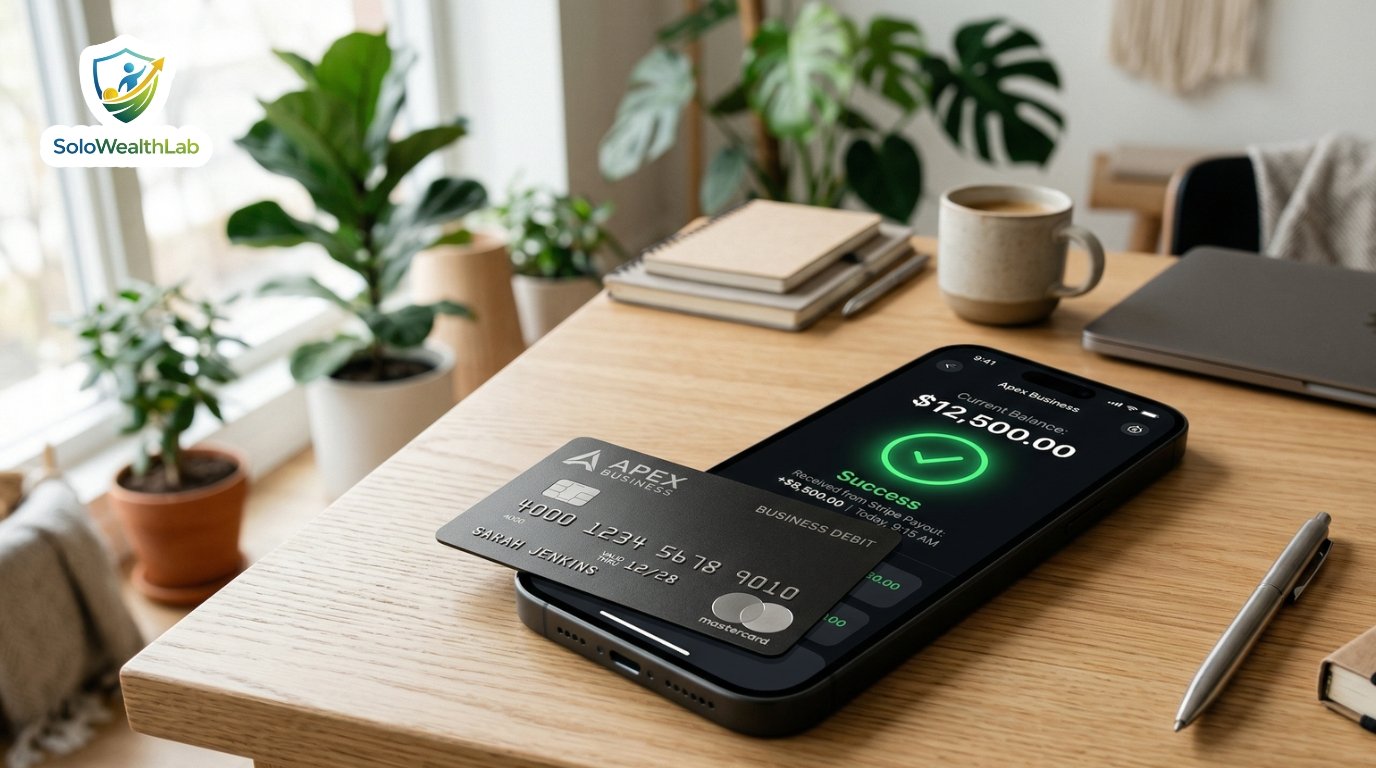 A sleek business debit card and banking app representing the best free business bank accounts for 1099 contractors.