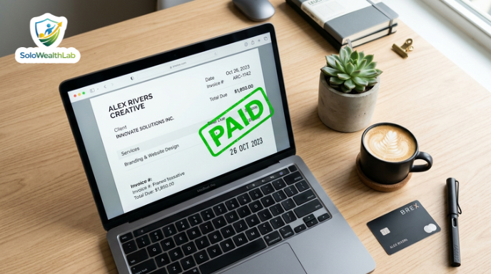 Laptop showing a paid digital invoice representing the best bookkeeping tools for freelancers.