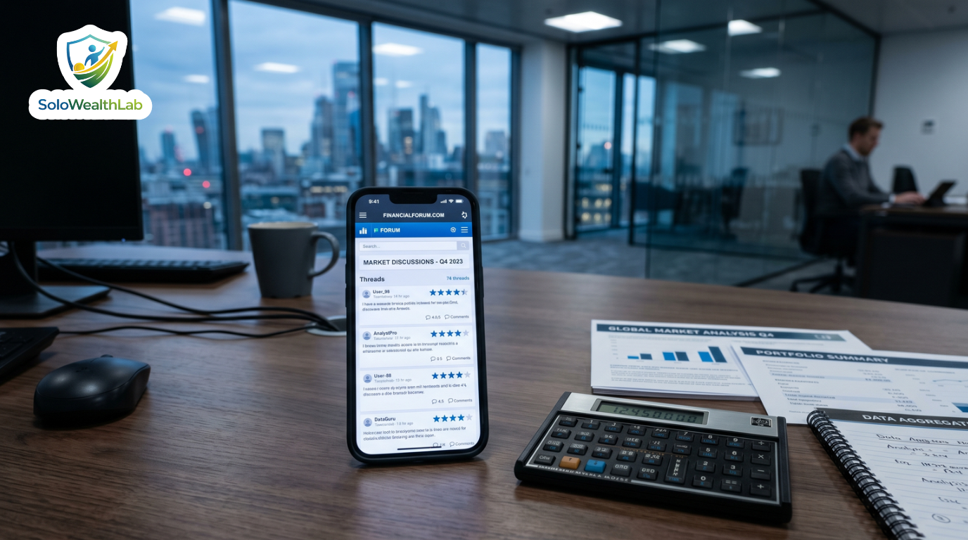 Smartphone displaying user reviews and financial data representing research on the Fidelity Solo 401(k).