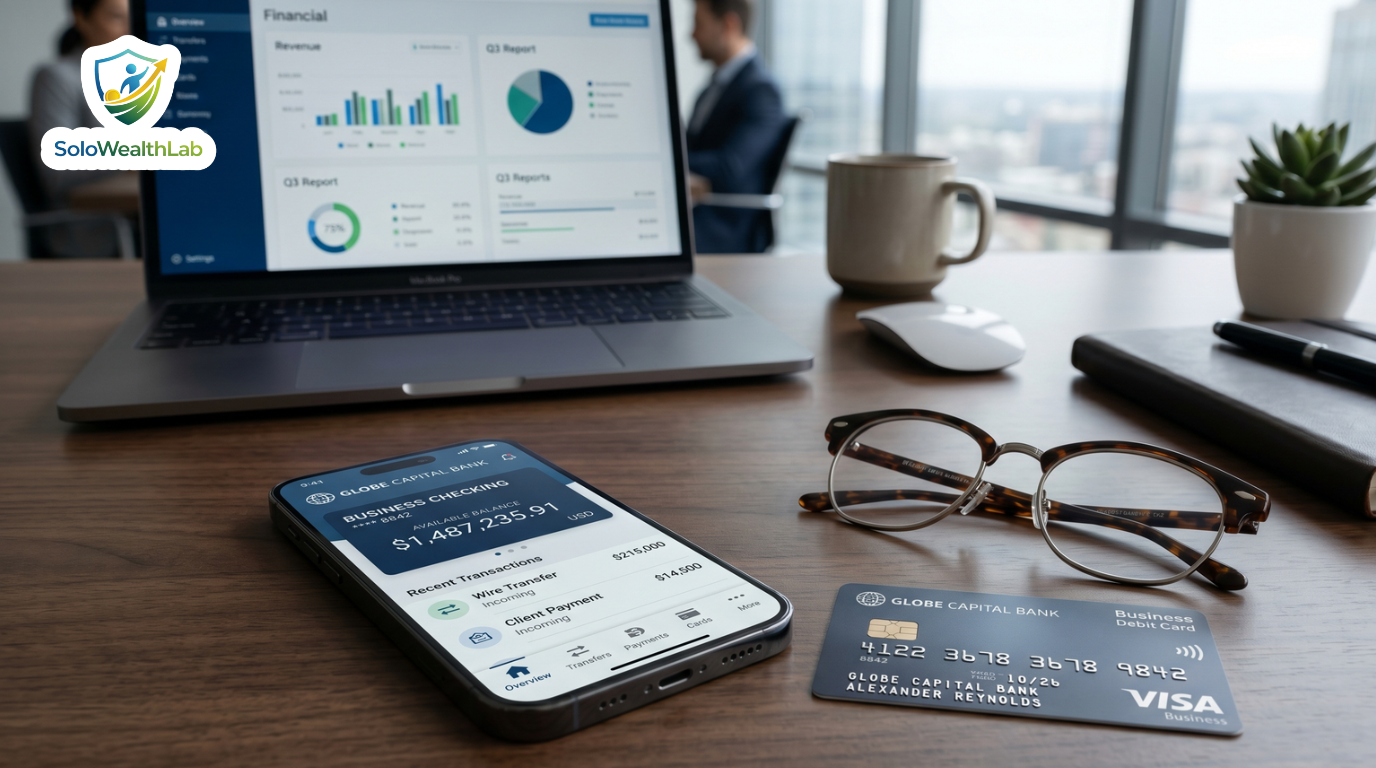 Smartphone displaying a banking app representing a comparison of free business checking accounts for freelancers.