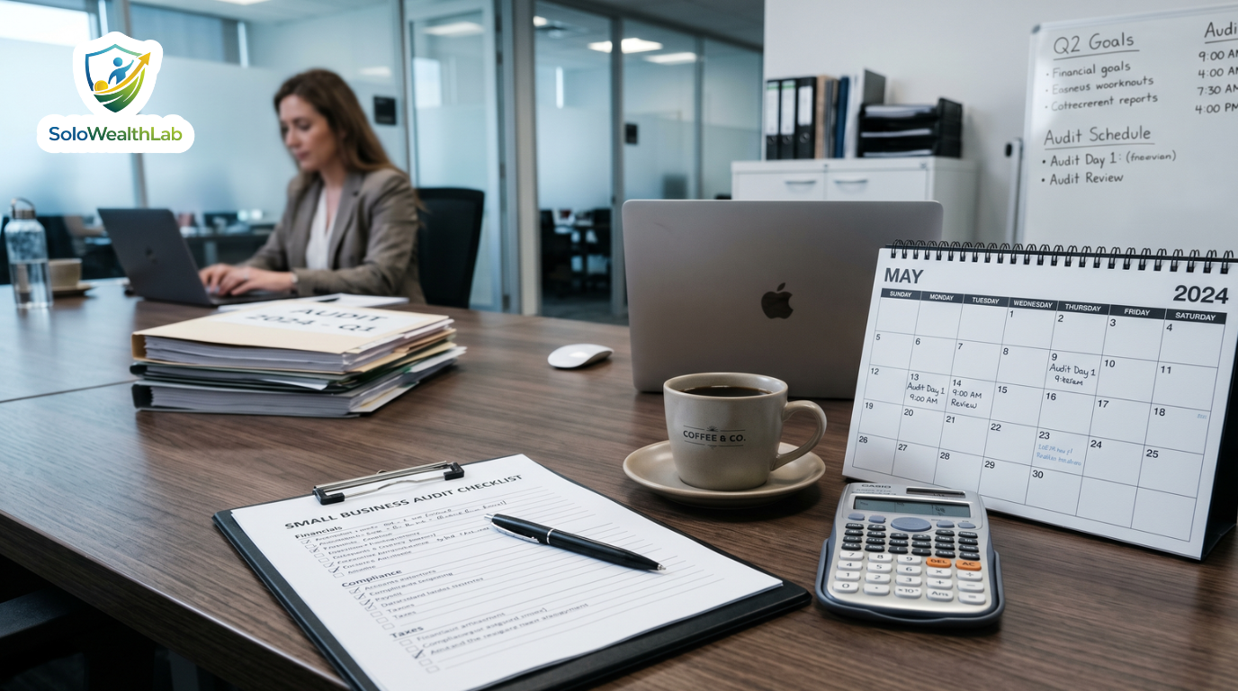 A clipboard with a checklist and a calendar representing a mid-year freelance business audit.