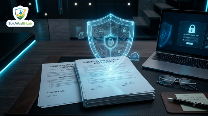 A glowing shield protecting freelance contracts representing business insurance for 1099 contractors.