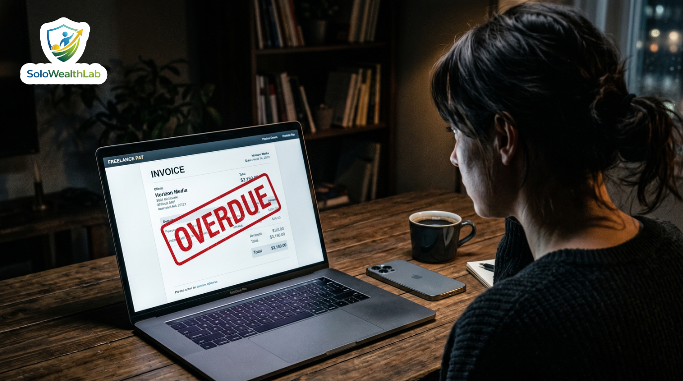 Freelancer looking at an overdue invoice on a laptop screen representing what to do when a client won't pay