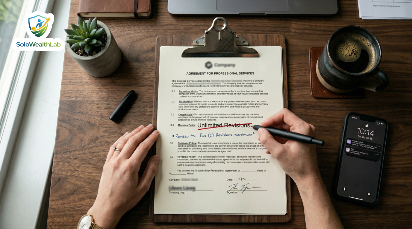 Fountain pen crossing out bad clauses on a freelance contract.