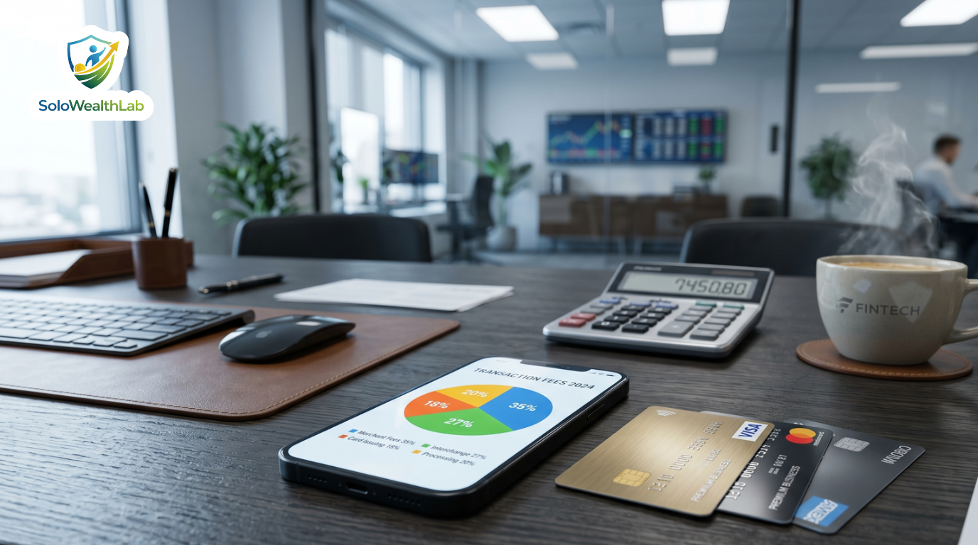 Credit cards and a financial pie chart representing the comparison of freelance payment processing fees.