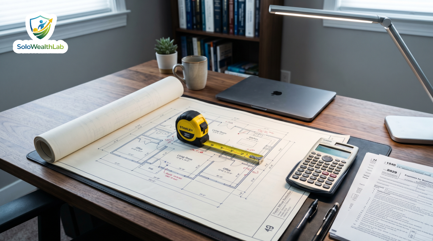 A tape measure and calculator on a desk representing the math behind the IRS home office deduction.