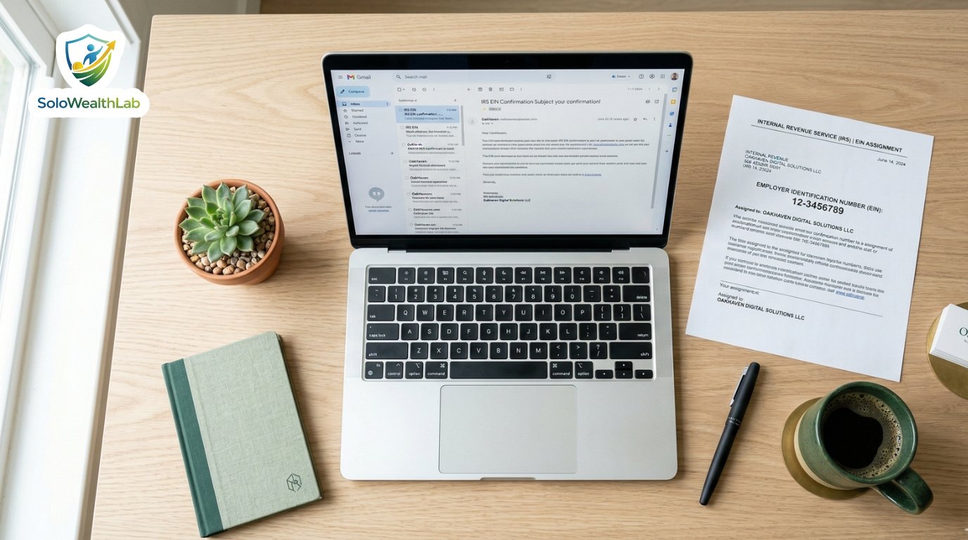 Step by step paperwork and laptop on a desk representing how to open a Fidelity Solo 401(k) for freelancers.