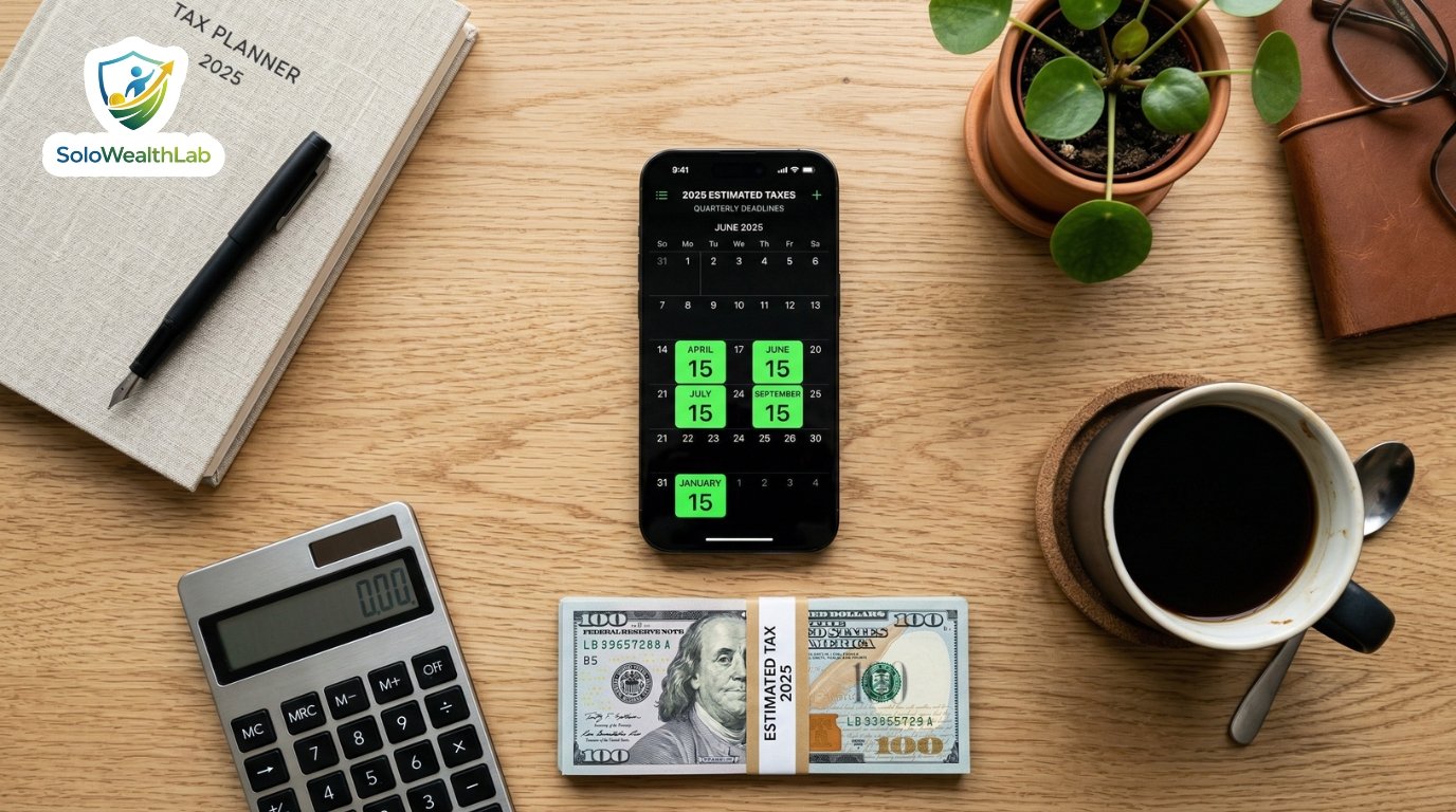 Calendar displaying IRS quarterly tax deadlines next to a calculator on a freelancer's desk.