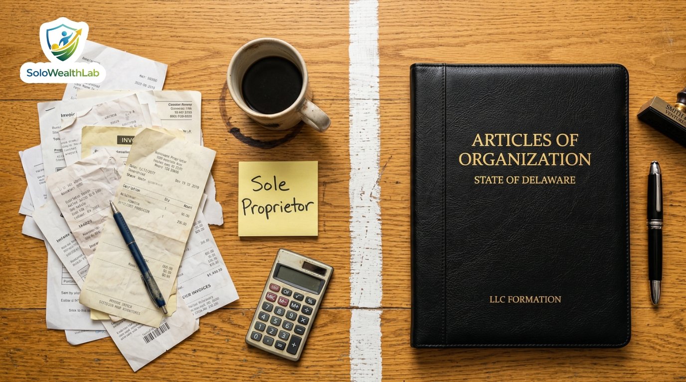 Visual comparison of a messy sole proprietor desk versus an organized LLC legal document folder.