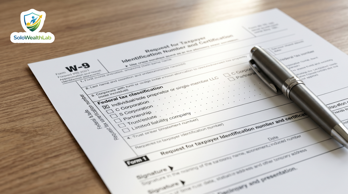 A blank IRS W-9 tax form highlighting the federal tax classification section for US independent contractors.