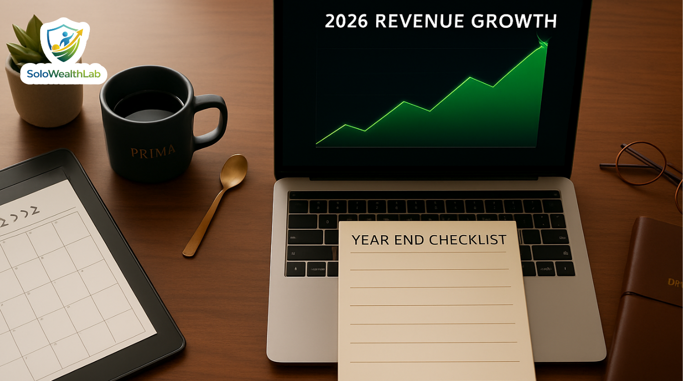 December calendar and financial charts representing a year-end checklist for freelancers.