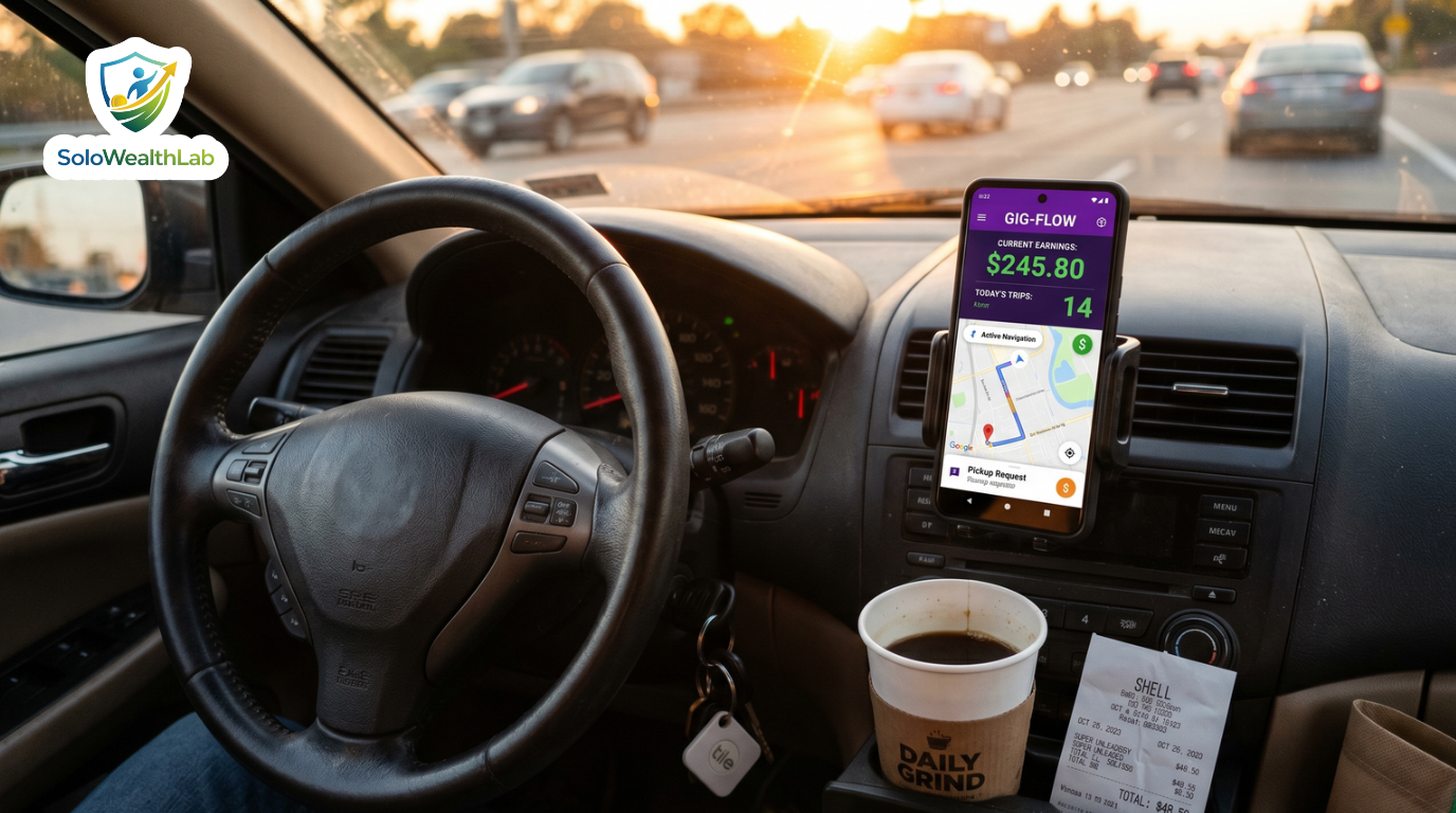 A smartphone mounted on a car dashboard representing tax deductions for US gig economy workers and rideshare drivers