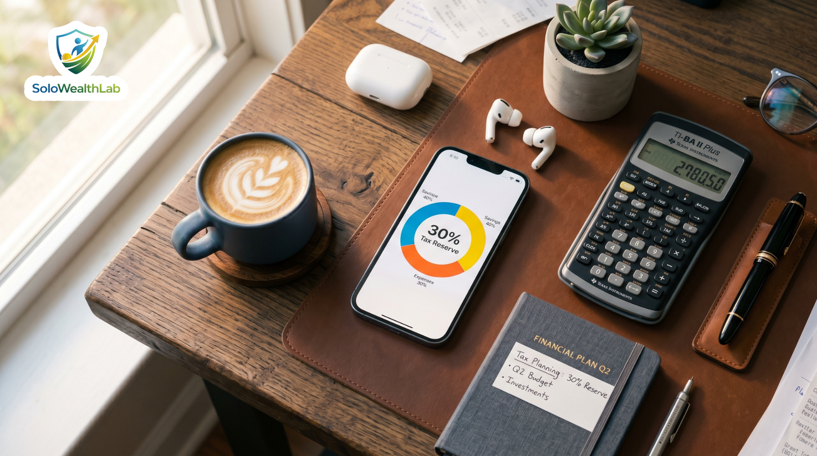 A mobile phone showing a 30% tax reserve calculation for US independent contractors and freelancers.