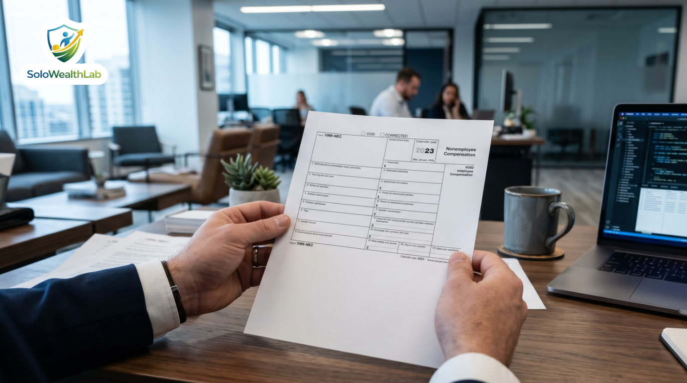 An independent contractor holding an IRS Form 1099-NEC to issue to a subcontractor.